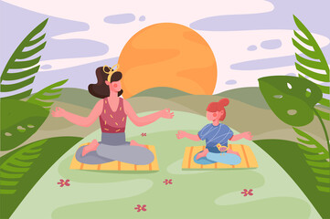 Obraz na płótnie Canvas Yoga trainings and family activity at nature background. Mother and daughter sit in lotus position and meditate outdoors. Sunset scenery with green leaves. Illustration in flat cartoon design