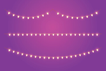 Obraz premium Diamond shaped light buntings on purple background. Merry Christmas Greeting card. Happy new year. Xmas Holiday poster vector illustration.