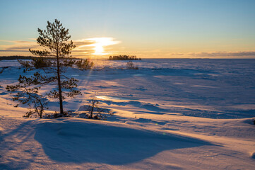 Sunset over the frozen sea. Fäboda, Finland.