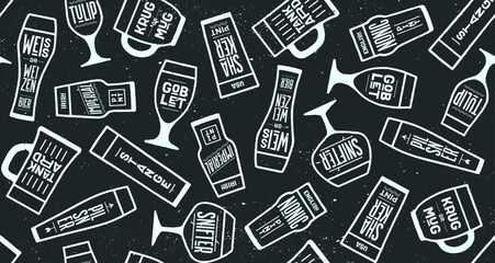 Seamless pattern, beer placemat. Seamless pattern with beer glassware types. Graphic design print for bar, pub, restaurant, beer theme. Beer placemat and graphic design print. Vector Illustration