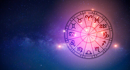 Zodiac signs inside of horoscope circle. Astrology in the sky with many stars and moons  astrology and horoscopes concept