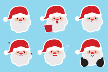 Obraz na płótnie Canvas Merry Christmas cute Santa Claus faces with smile, cry, angry, happy, excited and sad emotion. cartoon vector illustration.