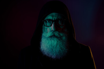 Close up photo of gloomy strict pensioner wear robe cloak mysterious ritual steal santa claus...