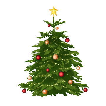 Christmas tree with decorations illustration digitally hand-drawn,