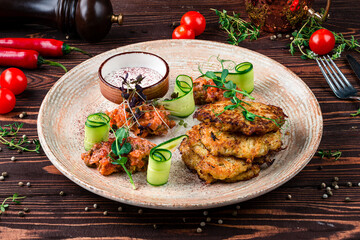 Potato pancakes, draniki with salmon tartare and sour cream.