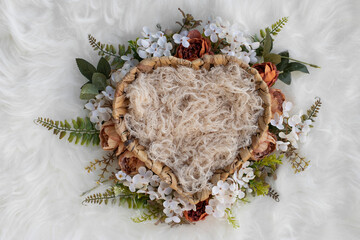 Newborn digital backdrop with handmade wreath of flowers and heart shaped basket. Newborn...