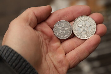 Old rare silver soviet coins in hand