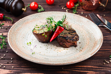 Filet mignon with baked eggplant and mushroom sauce with cheese, served with chili peppers and microgreens.