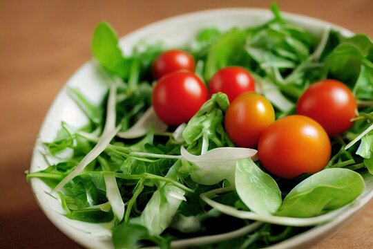 Small Tomatoes In Healthy Vitamin Green Salad On Plate