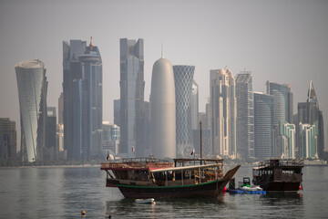 Fototapeta na wymiar Doha, Qatar- December 23,2020 : View of Skyline, Doha's Financial District (West Bay).