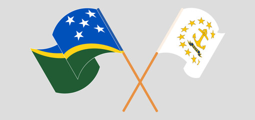 Crossed and waving flags of Solomon Islands and the State of Rhode Island