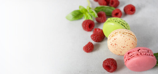 Three multi-colored macaroons and raspberries on a gray background with copy space. French dessert and red berries.
