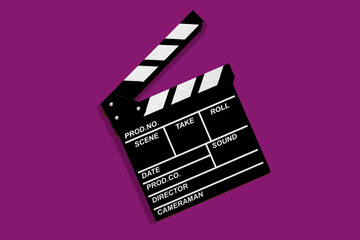 Fototapeta na wymiar Clapperboard for shooting video footage takes on a purple background