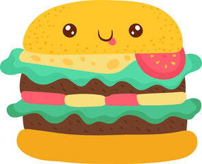 Delicious hamburger, bright funny kawaii, in cartoon style, delicious fast food, flat vector illustration, isolated on white.