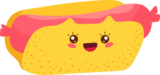 delicious hot dog, bright funny kawaii, in cartoon style, delicious fast food, flat vector illustration, isolated on white.