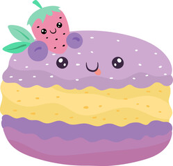 Sweet cake, delicious food, bright funny kawaii, cartoon style, fresh bakery, design, flat vector illustration, isolated on white.