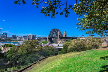 Sydney Harbour viewed from Observatory Park and overlooking Sydney Rocks area and North Sydney with...