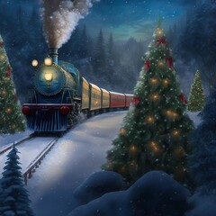Old train traveling at night taught the heavy snow covered Christmas trees landscape 