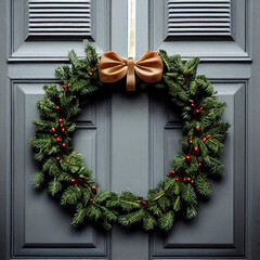 Christmas wreath on wooden entrance door.