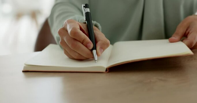 Woman, hands, book and writing list, make notes and essay brainstorming for project. Motivation, creative and write in journal for strategy, goals and idea development for homework, essay and diary.