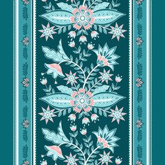 Flower chintz indian pattern seamless vector border print. Botanical batik paisley background. - 548254469