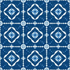 Mexican tile pattern vector seamless. Portuguese azulejos, puebla talavera, italian sicily majolica, spanish ceramic. Blue and white background.