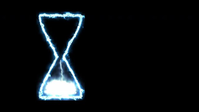 Animation Hourglass sky blue contour glowing neon sand on a black background. Computer graphics