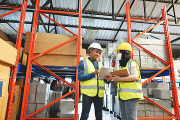 Two warehouse workers in white uniforms and yellow helmets on heads standing and talking about job