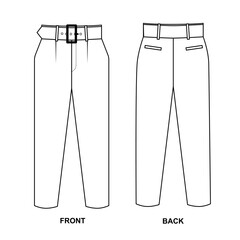 Vector drawing of classic trousers with a belt with a buckle and pockets. Template for pants design. - obrazy, fototapety, plakaty