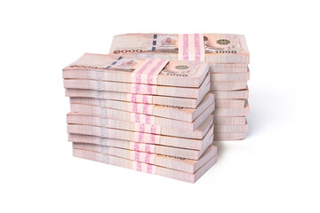 Stack of two million thai baht banknote money isolated on white background. - obrazy, fototapety, plakaty