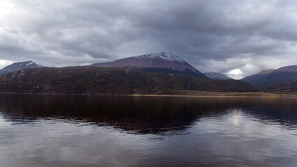 The Martial Mountains, with a reflection in the water, seen from the Beagle Channel, near Ushuaia, Argentina