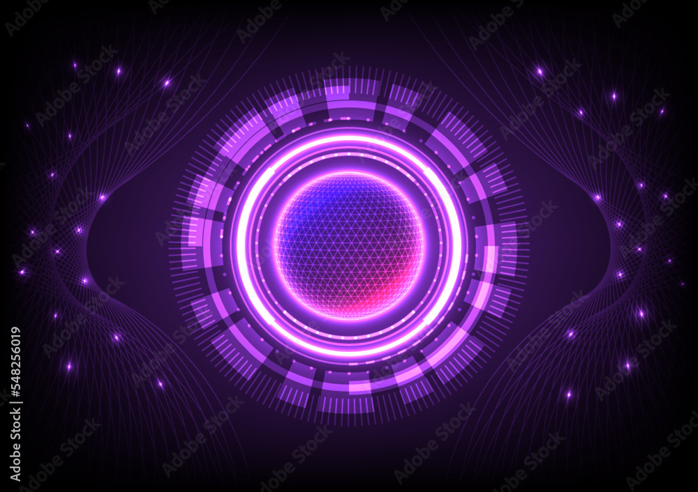 Poster hi tech black background there is a glowing world in the middle there is a tech circle, on the outsi