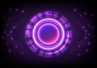 Hi tech black background there is a glowing world In the middle there is a tech circle, on the outside there is a curved net. There is a bright spot on the line. purple gradient background