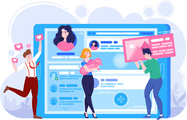 Modern social network, tiny character male female laptop conversation isolated on white, flat vector illustration. Online talking concept like.