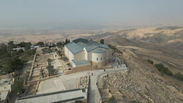 Aerial shot of Memorial Church of Moses on Mount Nebo in Jordan