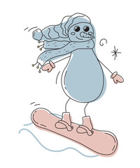 Doodle snowman is snowboarding. Christmas illustration with the snowman. Happy New Year and Merry Christmas. 