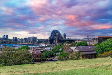 Sydney Harbour viewed from Observatory Park and overlooking Sydney Rocks area and North Sydney with...