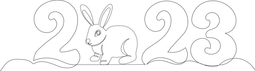 2023 and rabbit sketch, continuous line drawing, vector sketch