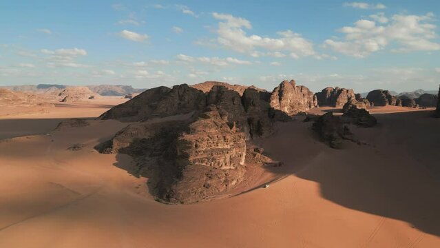 Aerial shot of the mountains in Wadi Rum valley in Jordan, Western Asia