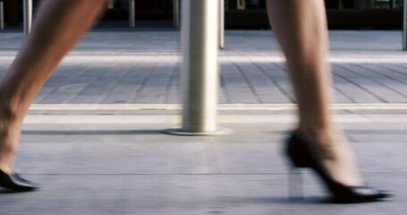 Woman, city and walking in street with stilettos to business, work or job in finance company. Closeup, feet and formal shoes for businesswoman with speed, fast and walk in sidewalk to office in metro