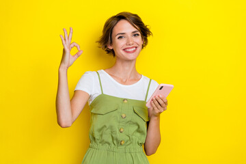 Photo of young adorable cute lady entrepreneur hold smartphone new apple iphone okey sign recommend isolated on yellow color background