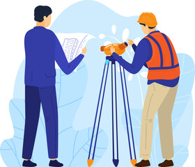 Construction worker and engineer character work measuring device, isolated on white, flat vector illustration. Man technologist hold construction.