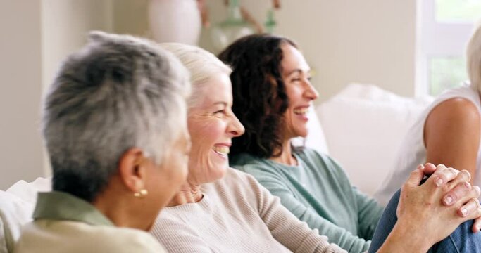 Diversity, elderly women and friends happy laughing on sofa at nursing home. Group of diverse senior people, talking together and smile or watching comic movie on television sitting on couch