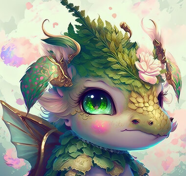 Adorable baby green dragon portrait watercolor illustration