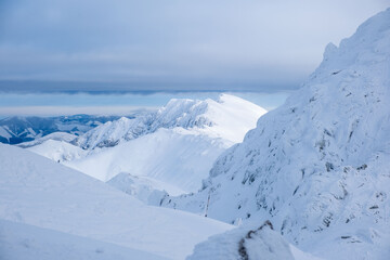landscape panoramic view of snowed winter tatra mountains