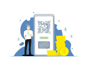 Payment online scan concept, Human holding smartphone with coins pile, Digital marketing illustration.