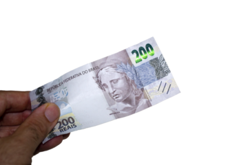 Hand holding a brazilian money two hundred real bill	Transparent background

