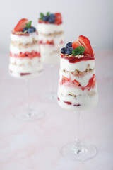 Strawberry milk yogurt desert in glasses	