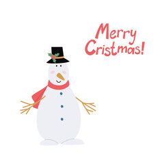 Vector design of Christmas greeting card with the snowman in a top hat decorated with holly. Winter holiday celebration illustration