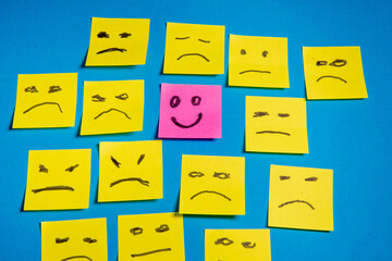 there is a lot of yellow post with a nasty sad face in the crowd as bullying and a happy face in...
